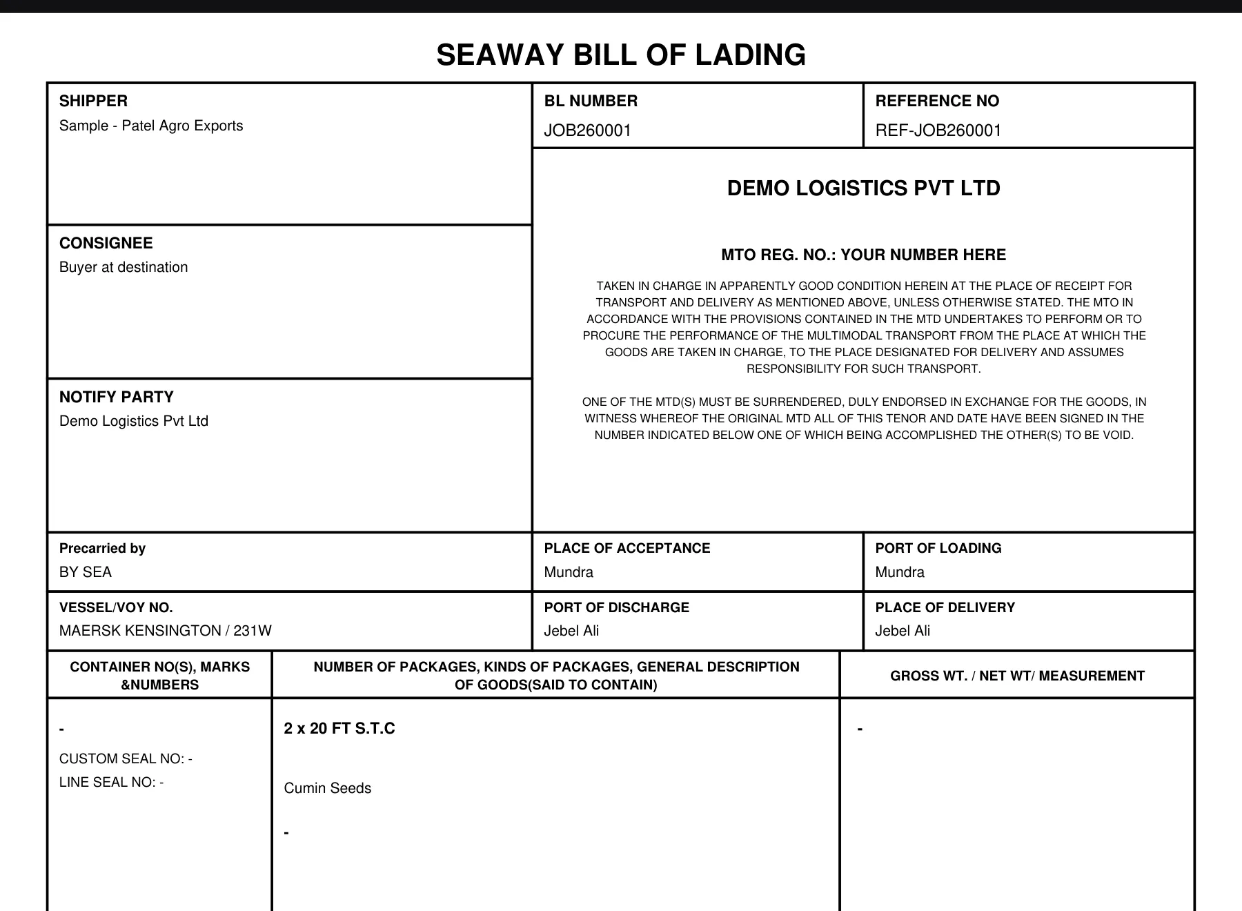 The Seaway Bill of Lading PDF with sample data