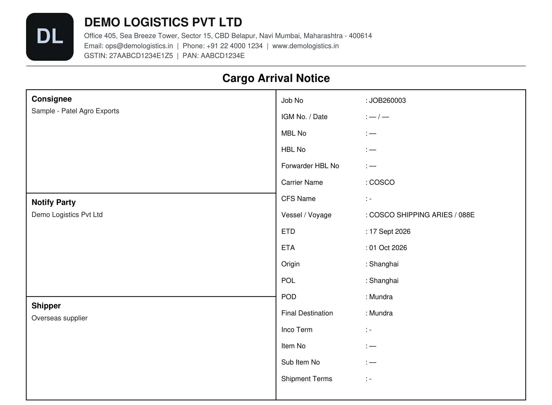 The Cargo Arrival Notice PDF with sample data