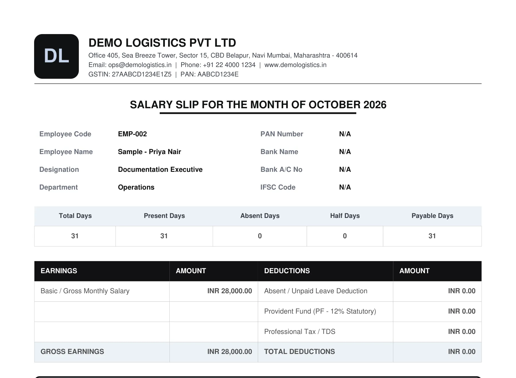 The Payslip PDF with sample data