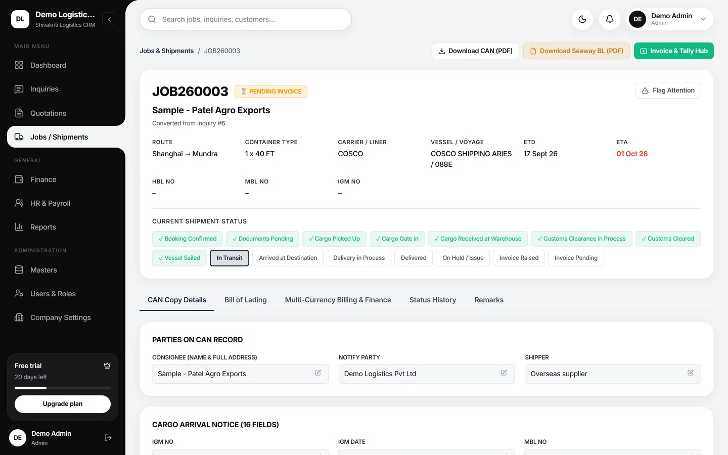 A Shanghai to Mundra job with carrier, vessel and voyage, ETD and ETA, HBL, MBL and IGM fields, and the shipment status line
