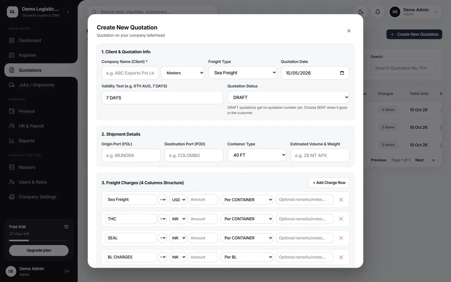 The Create New Quotation form with client details, freight type, shipment details and charge rows in USD and INR